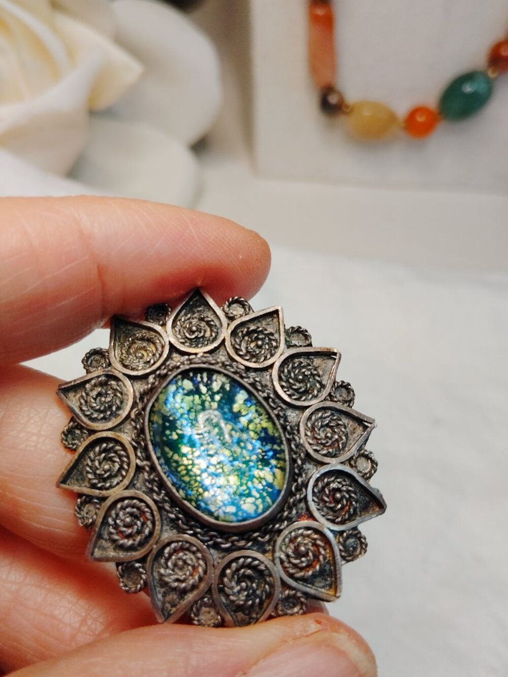 Vintage Israeli Sterling Filigree Dragon’s Breath Brooch Pendant